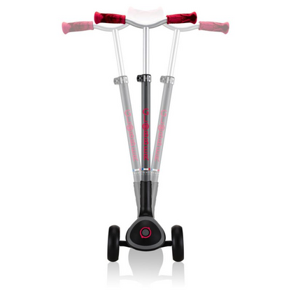 Black Globber Master Prime 3-Wheel Scooter for kids with red accents, featuring sturdy frame and colorful design.
