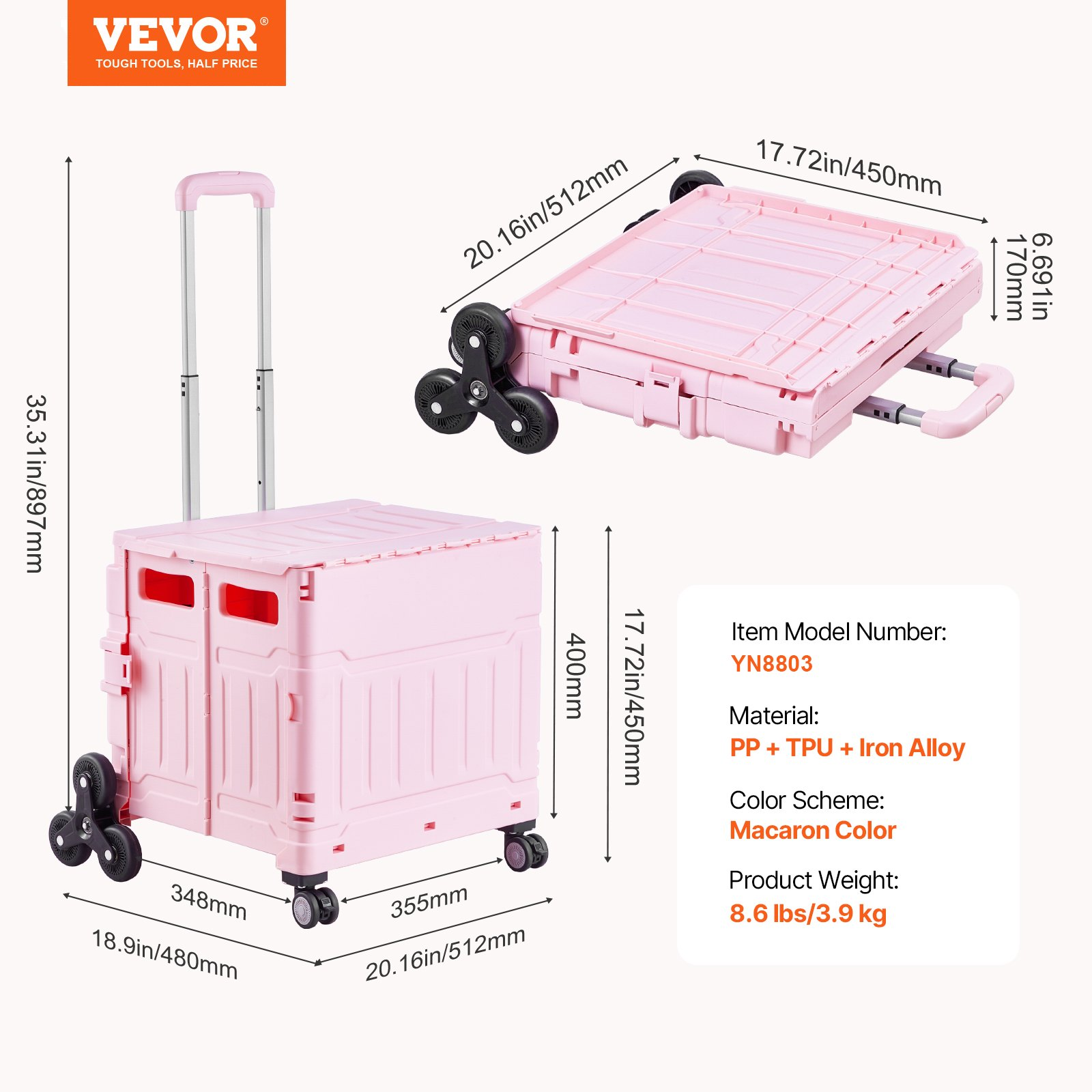 Pink VEVOR foldable utility cart with stair climbing wheels, 360° swivel wheels, telescoping handle, ideal for shopping and moving.