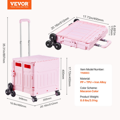 Pink VEVOR foldable utility cart with stair climbing wheels, 360° swivel wheels, telescoping handle, ideal for shopping and moving.