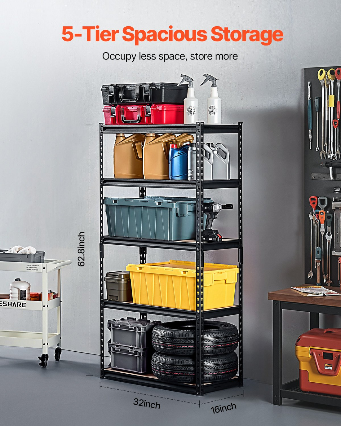 Start2Finish VEVOR 5-tier metal garage storage shelves with adjustable black steel shelves, 2000 lbs capacity, ideal for garage or basement.