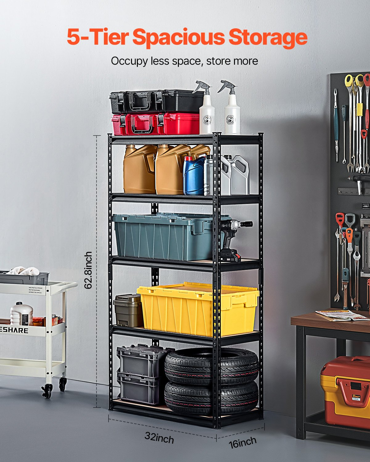 Start2Finish VEVOR 5-tier metal garage storage shelves with adjustable black steel shelves, 2000 lbs capacity, ideal for garage or basement.