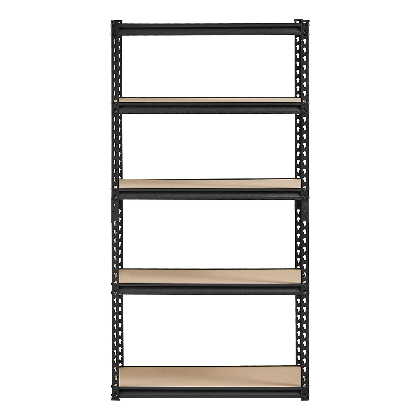Start2Finish VEVOR 5-tier metal garage storage shelves, black, adjustable and sturdy for garage, basement, or warehouse organization.