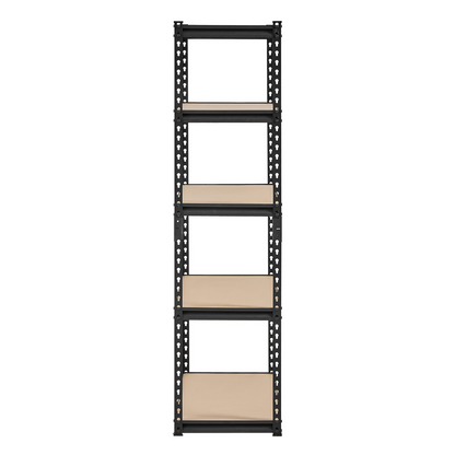 Start2Finish VEVOR 5-tier garage storage shelves, black metal utility rack with adjustable shelves for garage, basement, or warehouse.