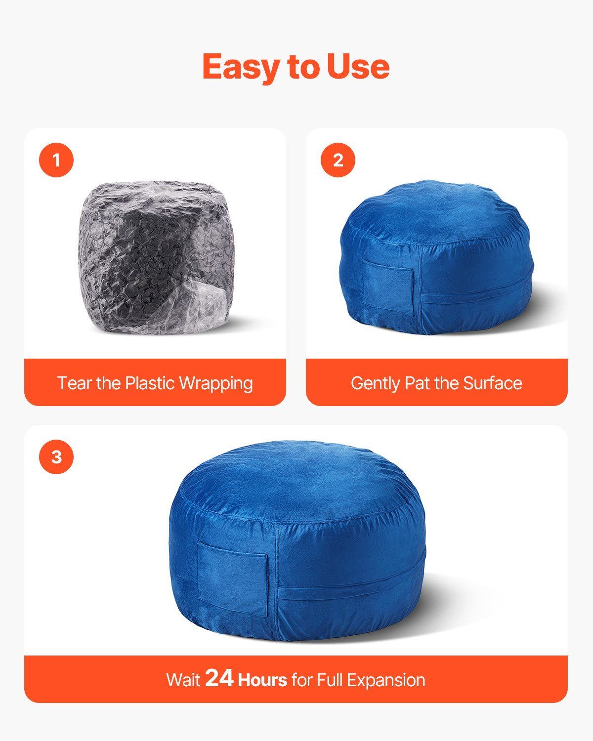 Start2Finish VEVOR blue 3-foot round bean bag chair with removable washable cover, filled with memory foam, ideal for bedroom or playroom.