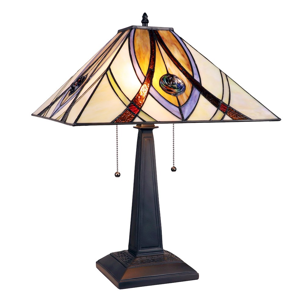 Start2Finish Orson Tiffany-Style 2 Light Mission Table Lamp with 16-inch shade, featuring stained glass design and classic craftsmanship.