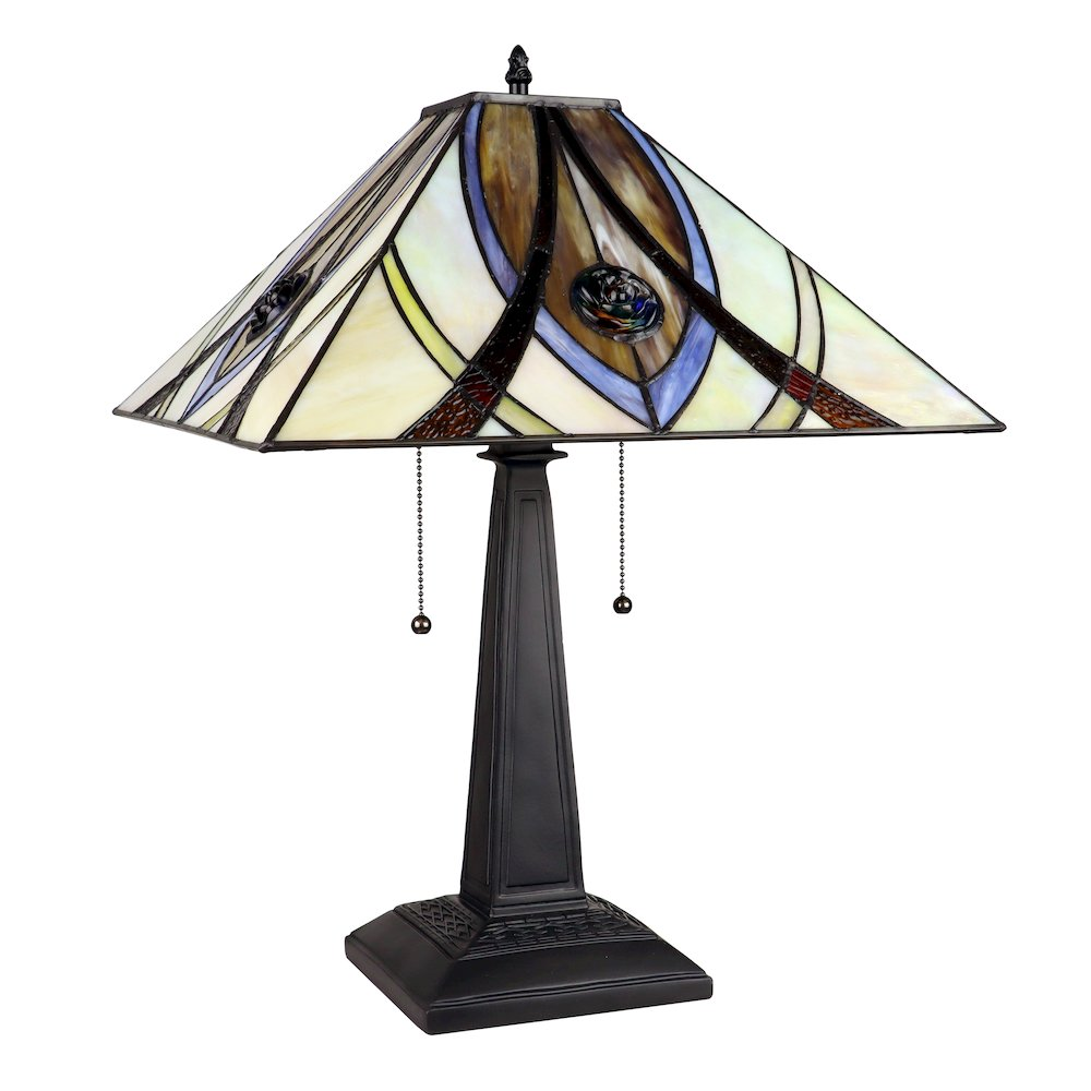 Orson Tiffany-Style 2 Light Mission Table Lamp with 16-inch stained glass shade, featuring intricate stained glass design and metal base.