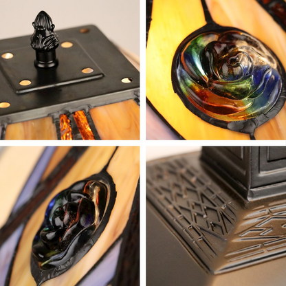 Orson Tiffany-Style 2 Light Mission Table Lamp with 16-inch shade, featuring intricate stained glass design and bronze finish.
