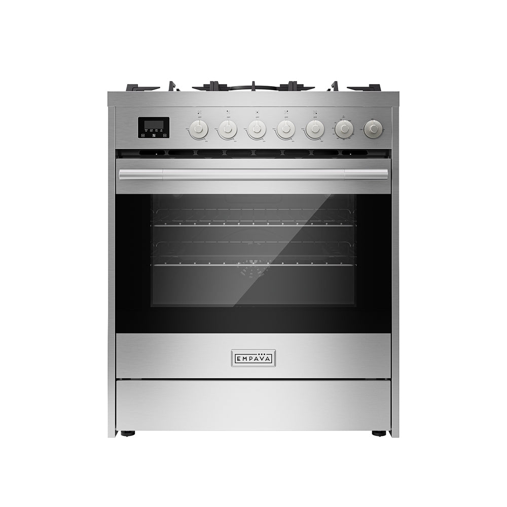 Empava 30-inch freestanding gas range with cooktop and oven, featuring four burners and a modern stainless steel finish.