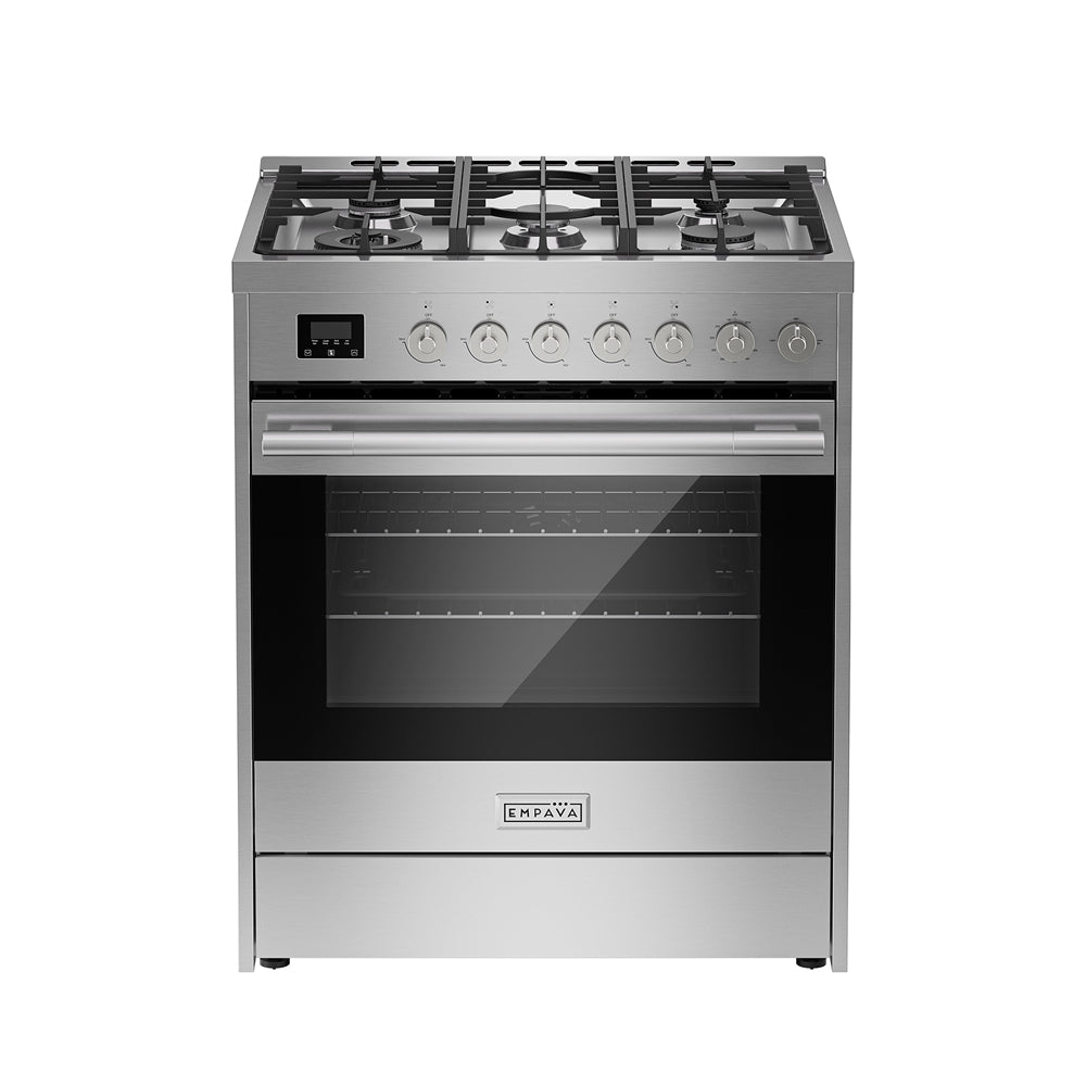 Empava 30-inch freestanding gas range with cooktop and oven, stainless steel appliances with control knobs and burner grates.