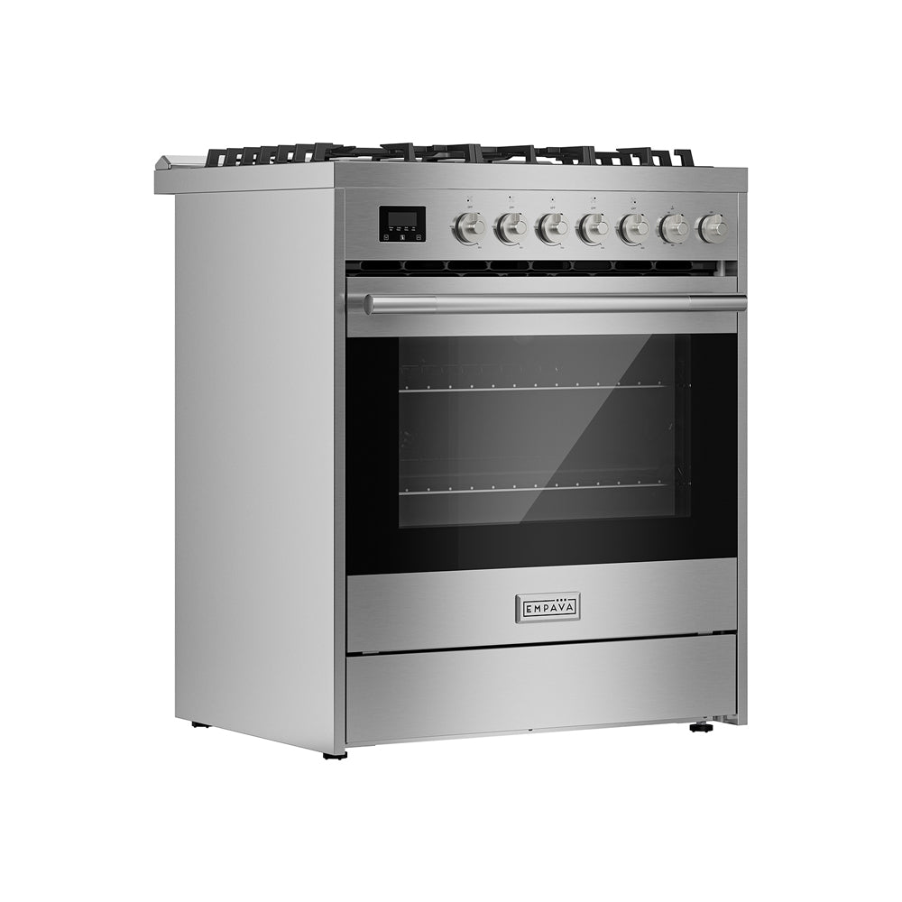 Empava 30-inch freestanding gas range with cooktop and oven, featuring control knobs and stainless steel finish.