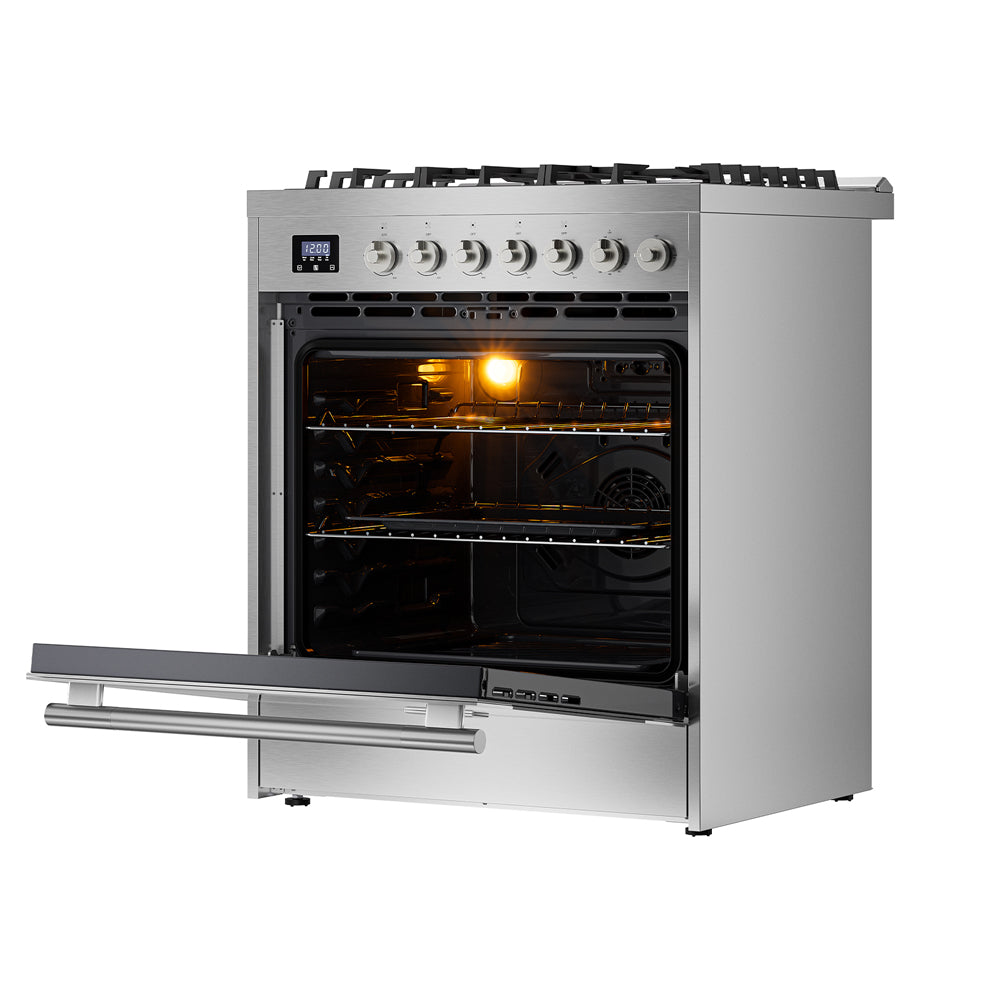 Empava 30-inch freestanding gas range with cooktop and oven, featuring control knobs and stainless steel finish.