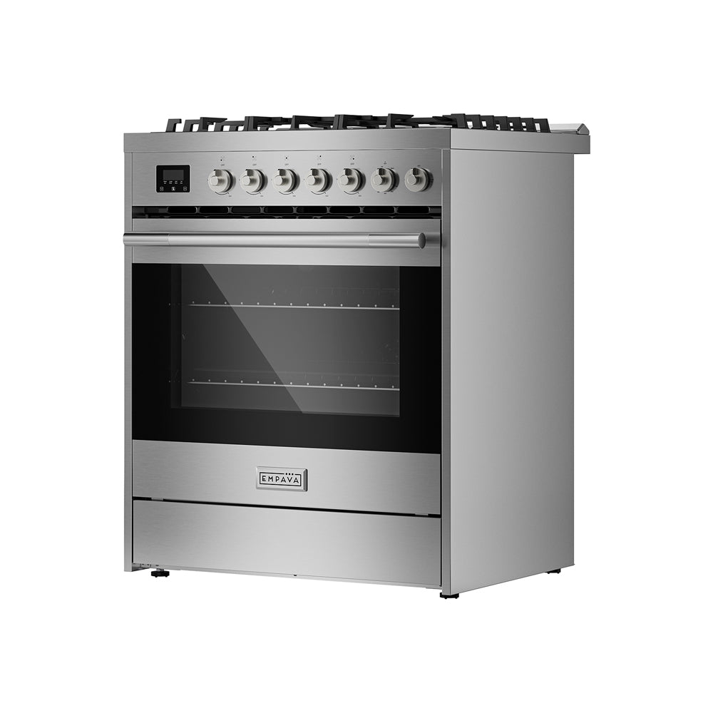 Start2Finish Empava 30-inch gas range with freestanding cooktop and oven, featuring control knobs and stainless steel finish.