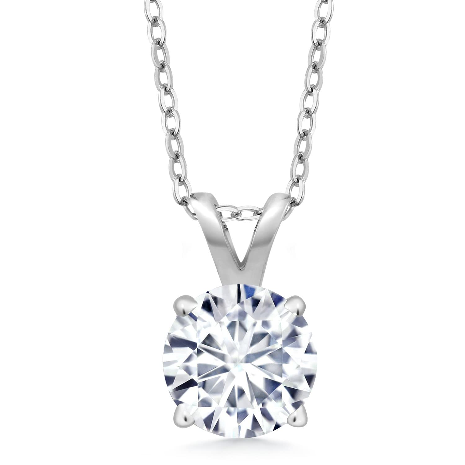 Created 2.00 CTW Moissanite solitaire pendant necklace with 18-inch chain in 14k white or yellow gold, shown on a jewelry display.