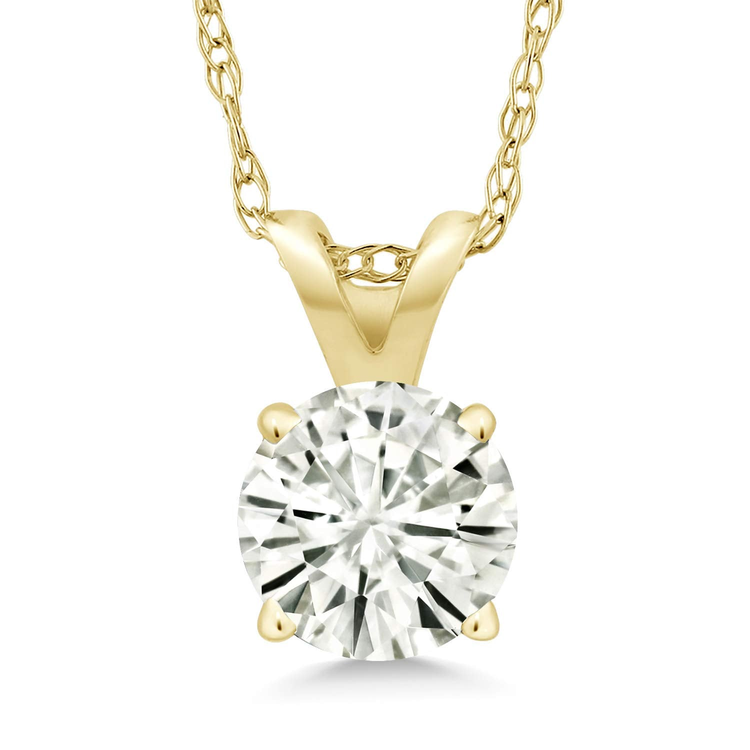 Start2Finish created 2.00 CTW Moissanite solitaire pendant necklace with 18-inch chain in 14k white or yellow gold, showcasing the elegant jewelry.