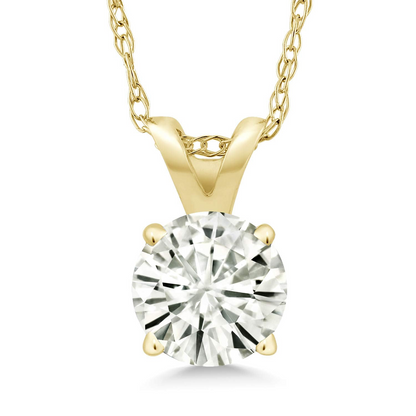 Start2Finish created 2.00 CTW Moissanite solitaire pendant necklace with 18-inch chain in 14k white or yellow gold, showcasing the elegant jewelry.