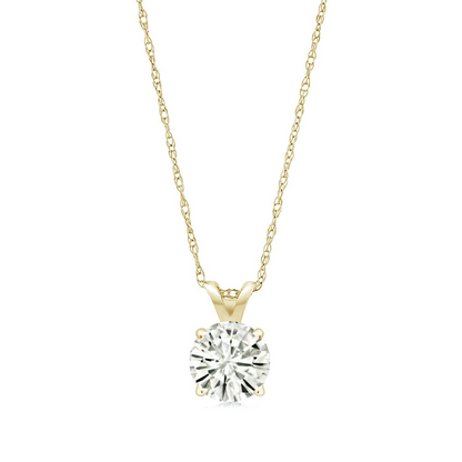 Start2Finish 2.00 CTW moissanite solitaire pendant necklace with 18-inch chain in 14k white or yellow gold, close-up of pendant and chain.