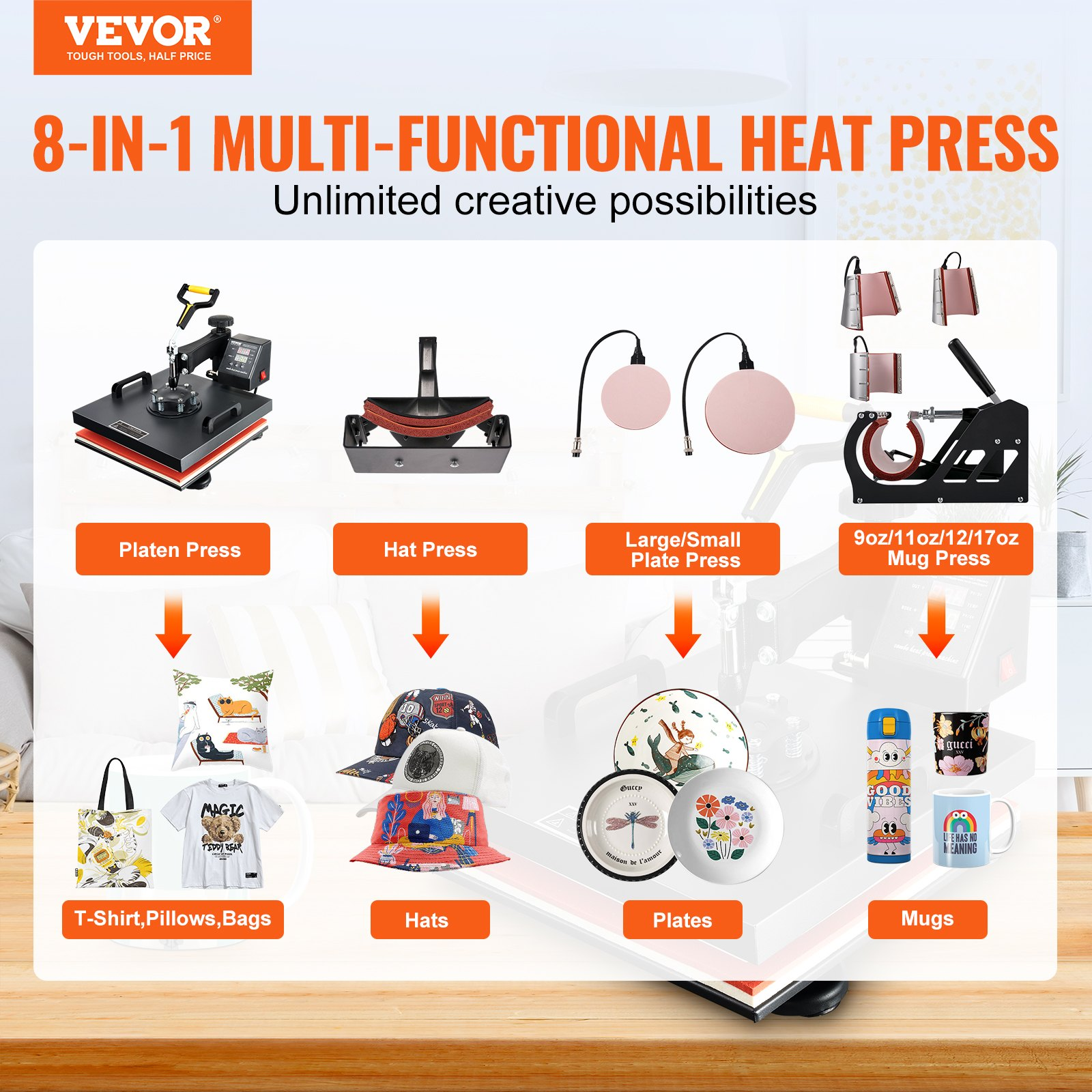 Start2Finish VEVOR 8 in 1 heat press machine with 15x15 inch pressing surface and 360° swing away for sublimation and heat transfer.