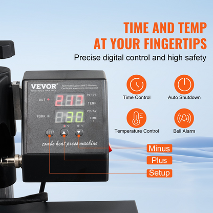 Start2Finish VEVOR 8-in-1 15x15 inch heat press machine with swing-away design, used for sublimation, vinyl, and heat transfer projects.