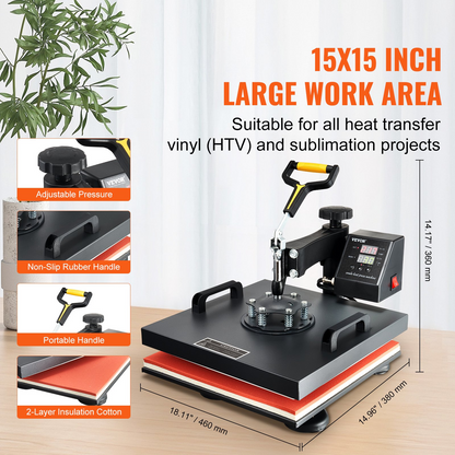Start2Finish VEVOR 8-in-1 15x15 inch heat press machine with swing-away design for sublimation, vinyl, and heat transfer projects.