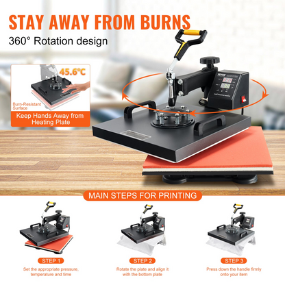Start2Finish VEVOR 8-in-1 15x15 inch heat press machine with swing-away design for sublimation, vinyl, and heat transfer projects.