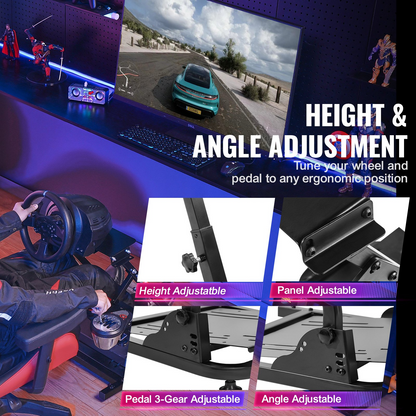 Start2Finish VEVOR G920 racing steering wheel stand with shifter mount for Logitech G27, G25, G29 gaming wheel and pedal setup.