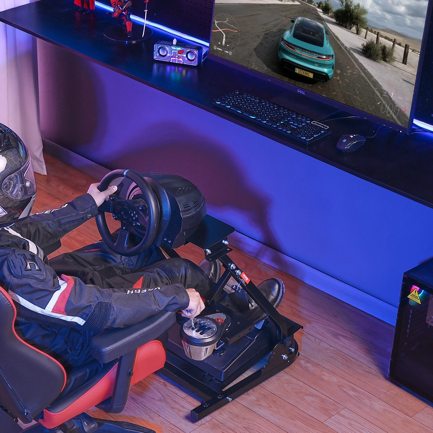 Start2Finish VEVOR G920 racing steering wheel stand with shifter mount for Logitech G27, G25, G29 gaming wheel and pedal setup.