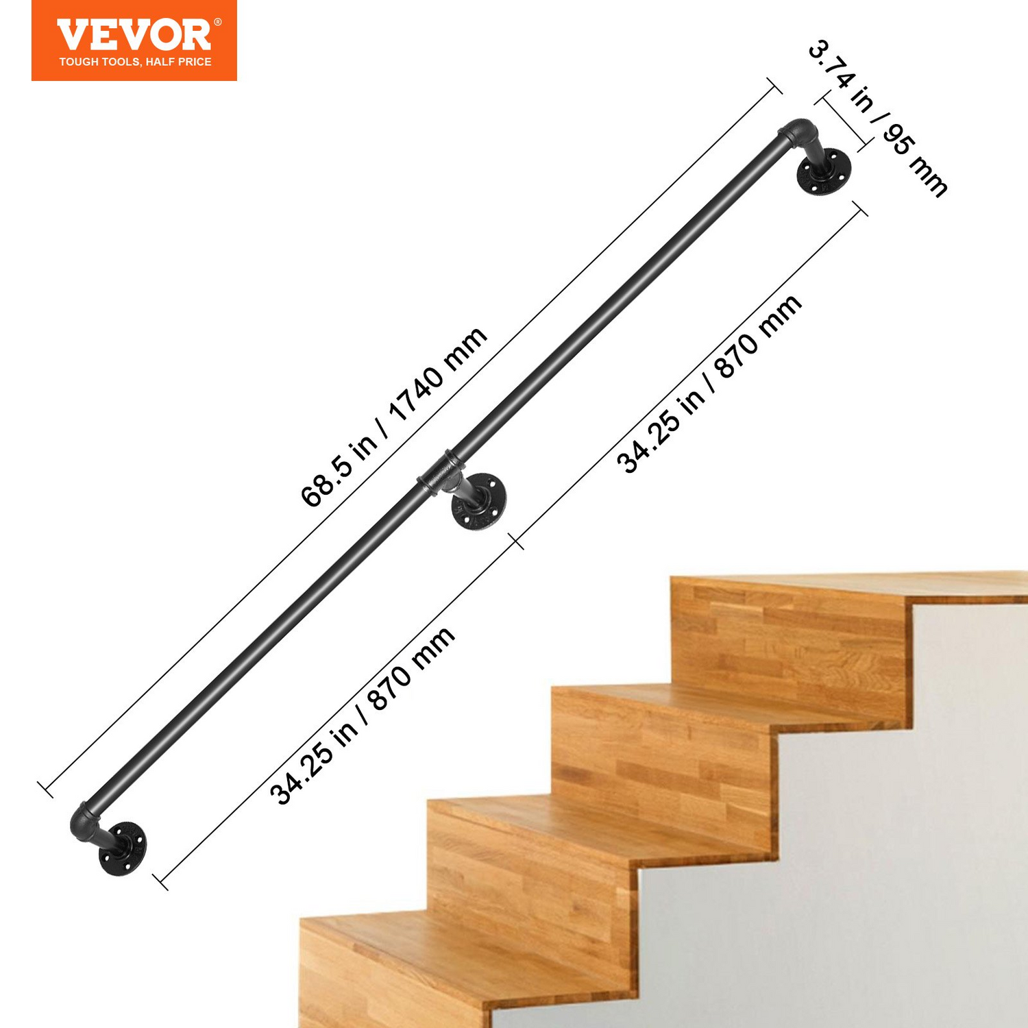 Start2Finish VEVOR 6FT industrial pipe staircase handrail made of carbon steel with wall mounts for indoor or outdoor use.