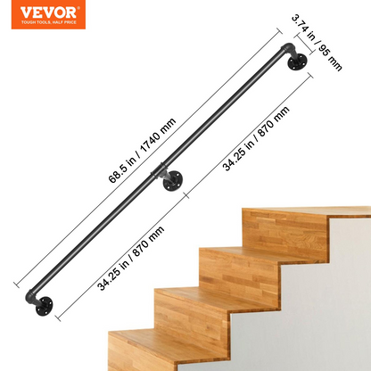 Start2Finish VEVOR 6FT industrial pipe staircase handrail made of carbon steel with wall mounts for indoor or outdoor use.