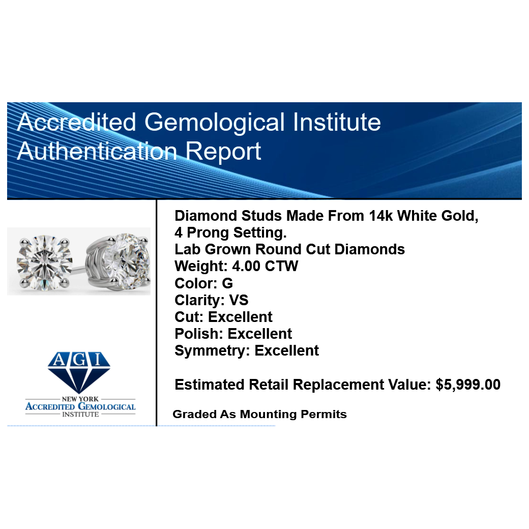 Start2Finish 4.00 CTW AGI Certified Lab Grown Diamond Stud Earrings in 14K white or yellow gold with G color and VS clarity.