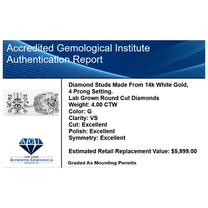Start2Finish 4.00 CTW AGI Certified Lab Grown Diamond Stud Earrings in 14K white or yellow gold with G color and VS clarity.