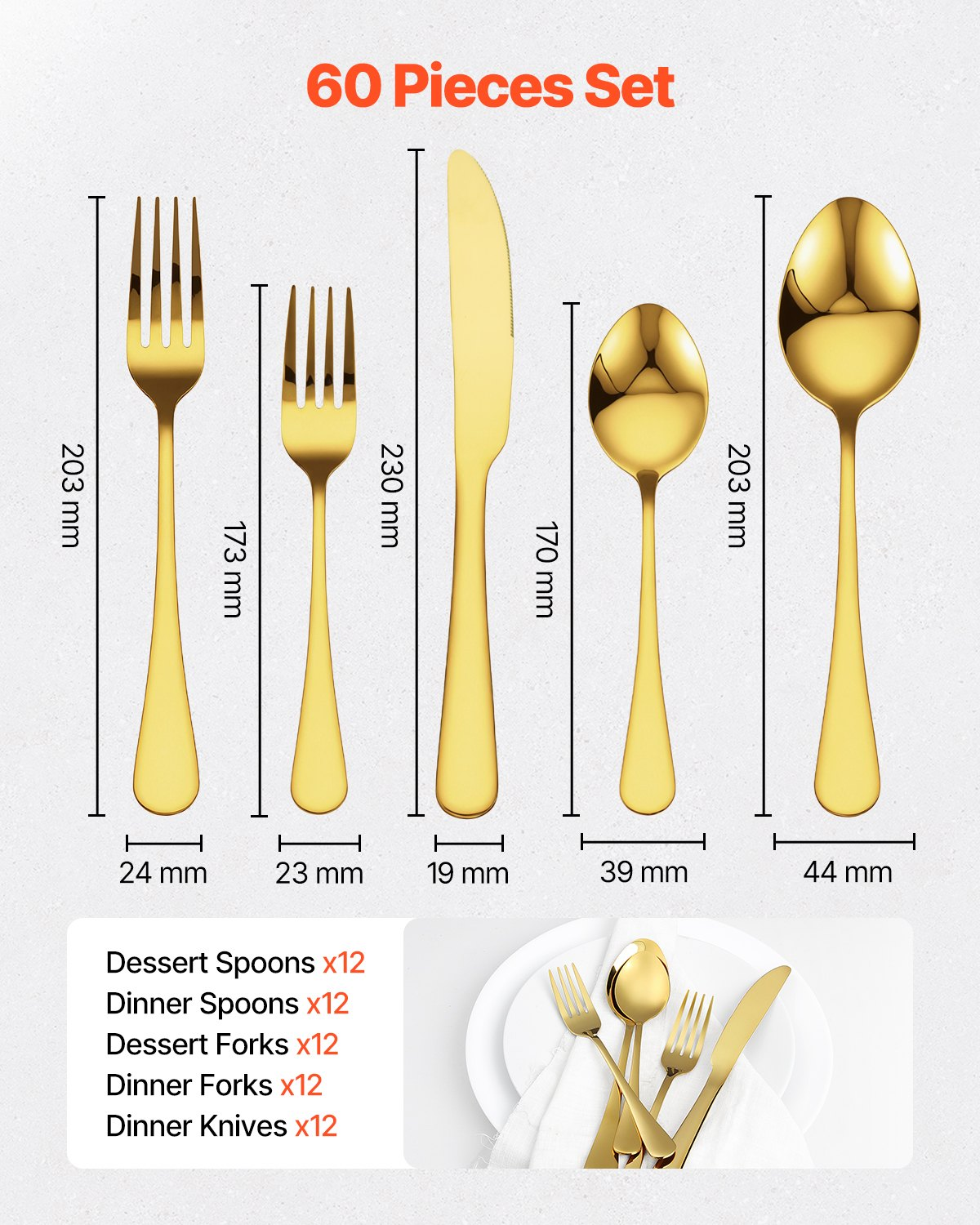Start2Finish VEVOR 60-piece gold and silver stainless steel flatware set including knives, forks, and spoons for home dining.