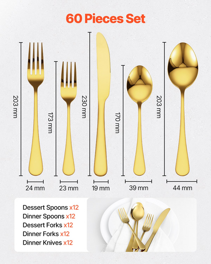 Start2Finish VEVOR 60-piece gold and silver stainless steel flatware set including knives, forks, and spoons for home dining.