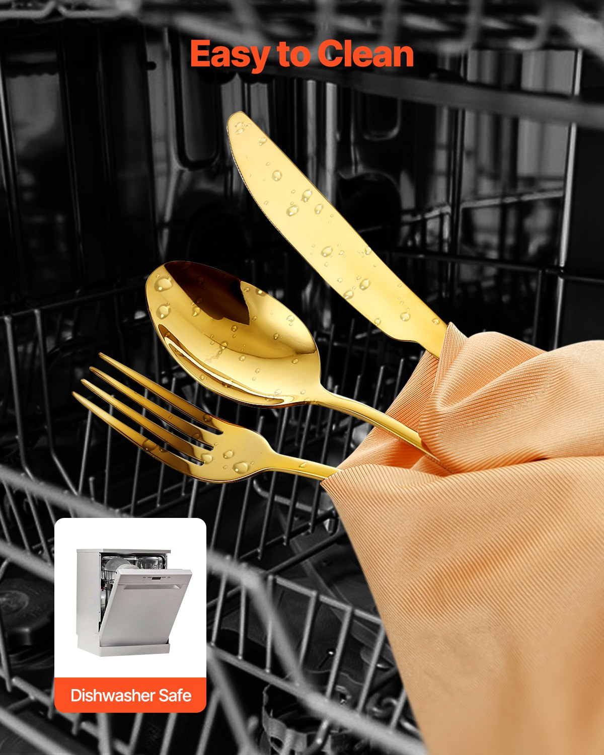 Start2Finish VEVOR 60-piece gold and silver stainless steel flatware set with knives, forks, and spoons, mirror finished, dishwasher safe.