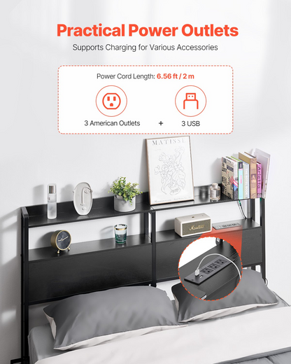 Start2Finish VEVOR black queen size adjustable headboard with shelves, LED light, charging station, and easy assembly.