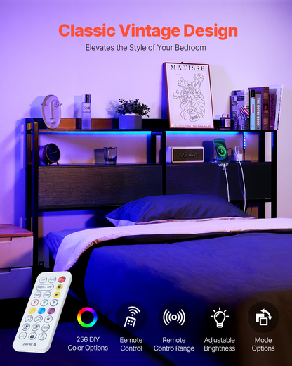 Start2Finish black queen size adjustable headboard with shelves, LED light, charging station, and easy assembly for various bed frames.