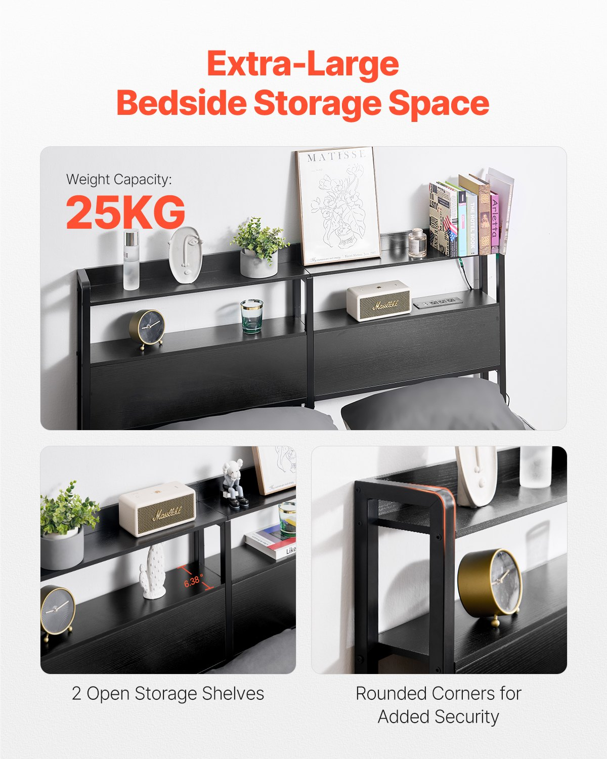 Black VEVOR queen size adjustable headboard with shelves, LED light, charging station, and easy assembly for modern beds.