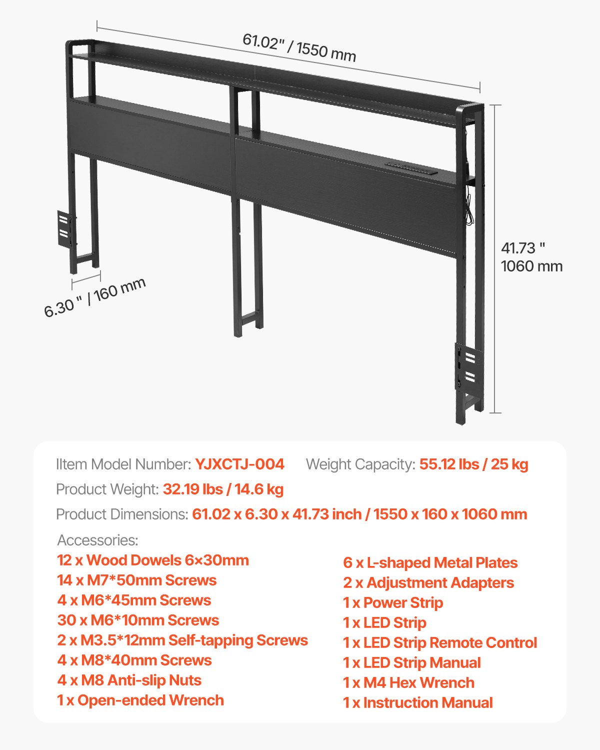 Black queen size VEVOR headboard with adjustable height, two shelves, LED light, charging station, and easy assembly.