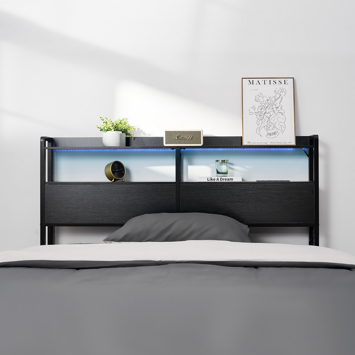 Start2Finish black queen size headboard with adjustable height, built-in shelves, charging station, LED light, and easy assembly.
