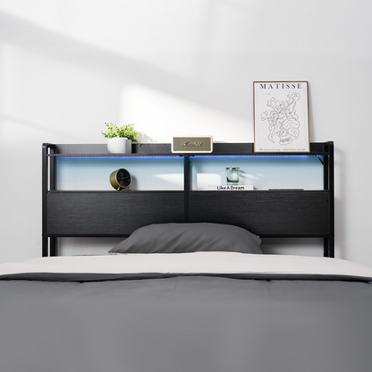 Start2Finish black queen size headboard with adjustable height, built-in shelves, charging station, LED light, and easy assembly.
