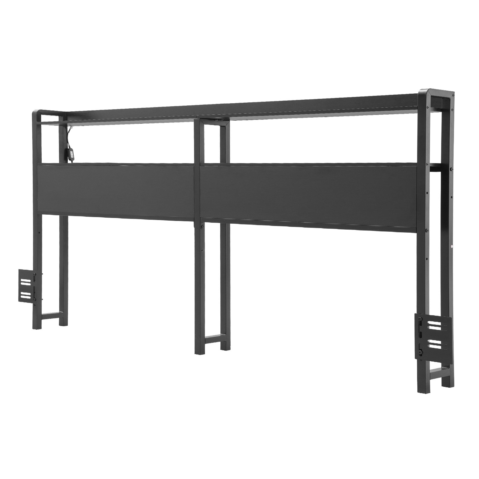 Black queen size VEVOR headboard with adjustable height, two shelves, LED light, charging station, and easy assembly.