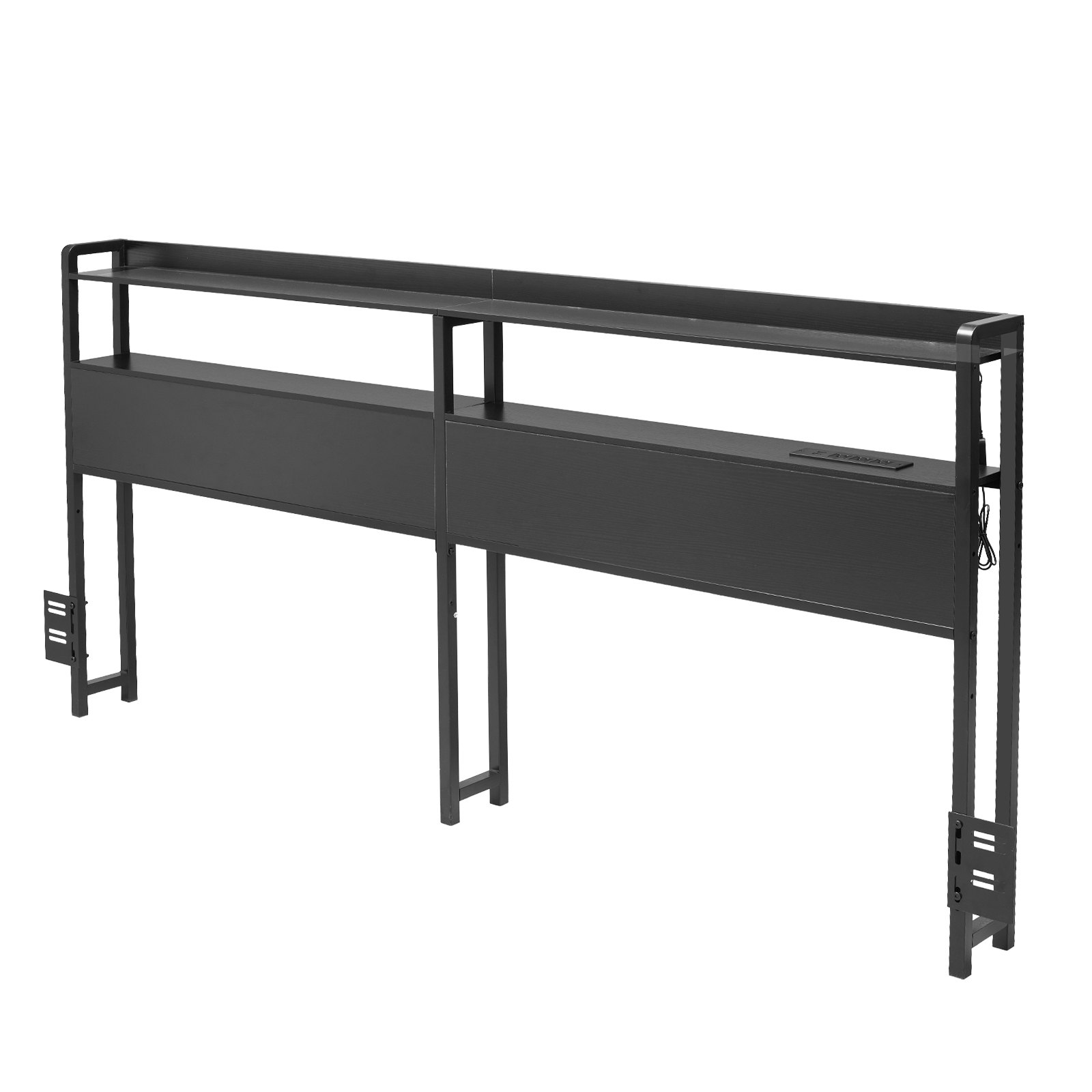 Black queen size VEVOR headboard with adjustable height, shelves, charging station, LED light, and easy assembly for different bed frames.