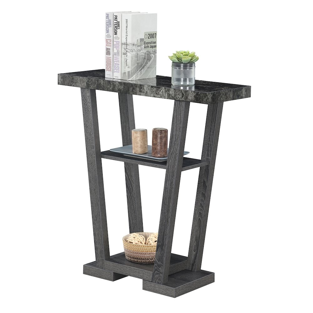Start2Finish Newport V console table with shelves, featuring a modern design and multiple storage surfaces in a sleek wood finish.