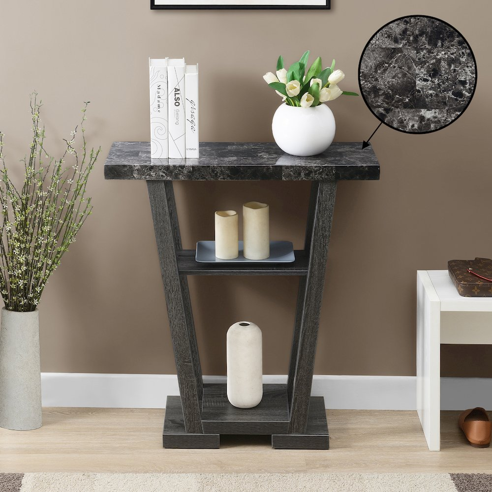 Start2Finish Newport V Console Table with Shelves, wooden entryway table featuring a sleek design and multiple storage shelves.
