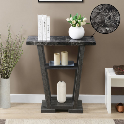 Start2Finish Newport V Console Table with Shelves, wooden entryway table featuring a sleek design and multiple storage shelves.