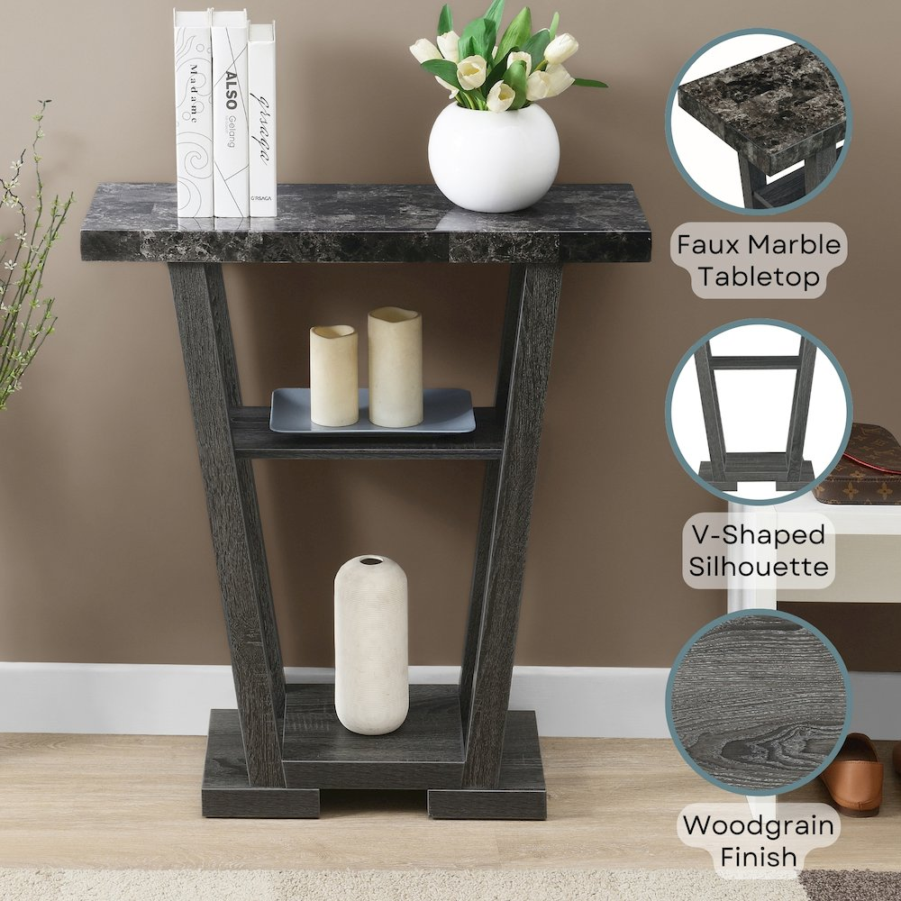Start2Finish Newport V Console Table with Shelves, wooden entryway furniture with two open shelves and a V-shaped design.