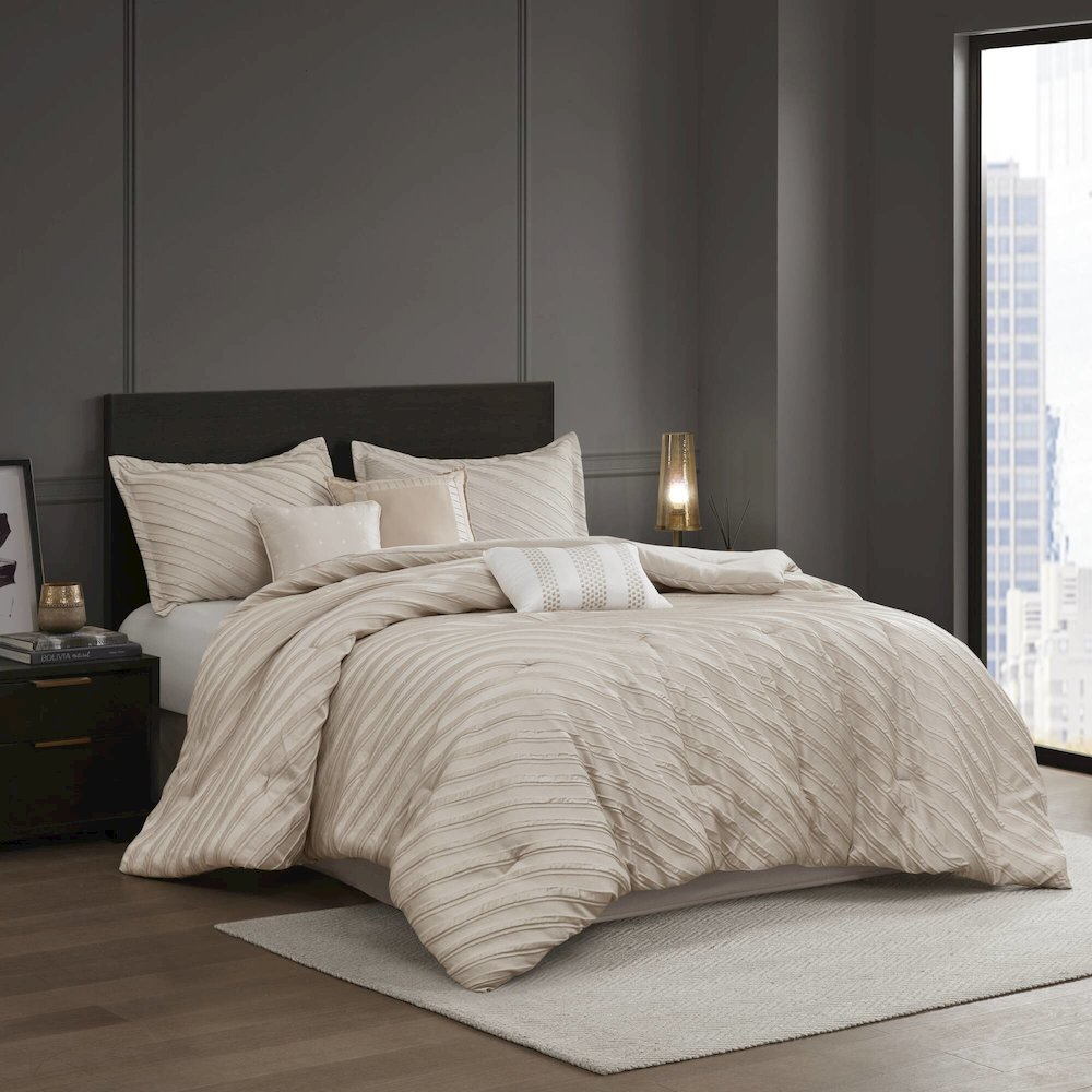 Start2Finish Riva 7-piece beige comforter set with matching pillow shams, soft and plush bedding for bedroom decor.