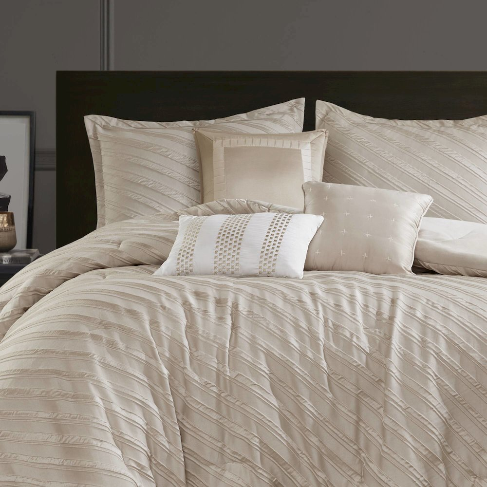 Start2Finish Riva 7-piece beige comforter set with matching pillows, plush bedding for a cozy bedroom look