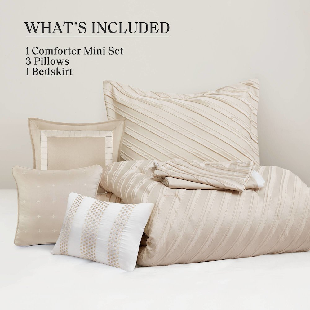 Start2Finish Riva 7-piece beige comforter set with matching pillows and bed linens, cozy and stylish bedroom bedding ensemble.