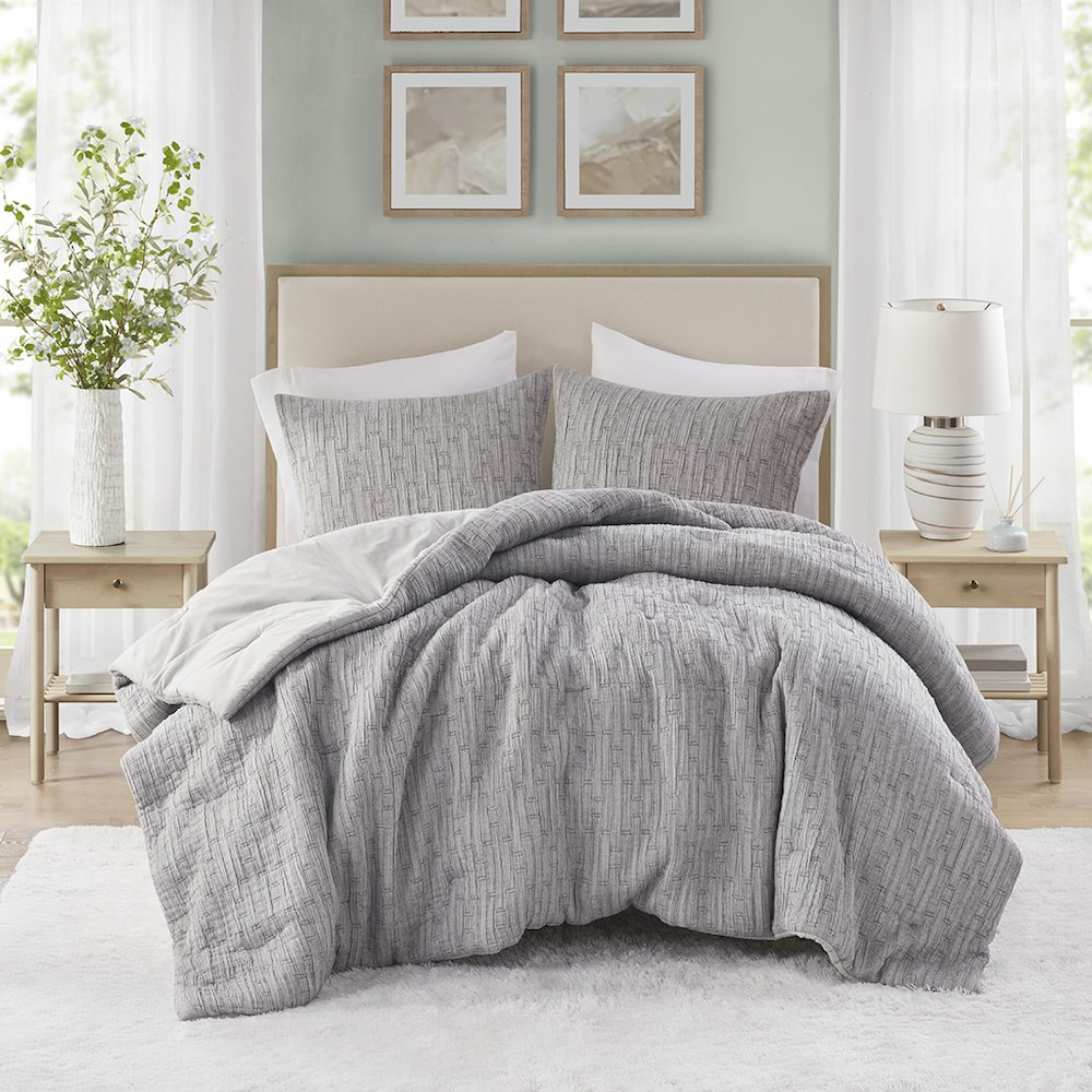 Start2Finish Arlo oversized comforter set in charcoal color, showcasing the soft, plush bedding with matching pillow shams.