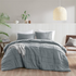 Start2Finish Porter soft washed bedding comforter set in blue and grey with pleated design, shown on a bed.